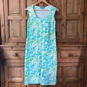 Virginia Johnson Sleeveless Midi Tank‎ Dress White Blue Birds Fruit Size Small